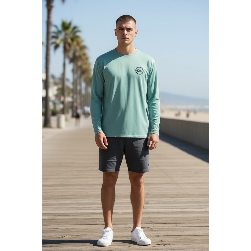 349 Quiksilver Mens Long Sleeve Rash Guard Jade Gray UPF 50+ Swim Shirt  M